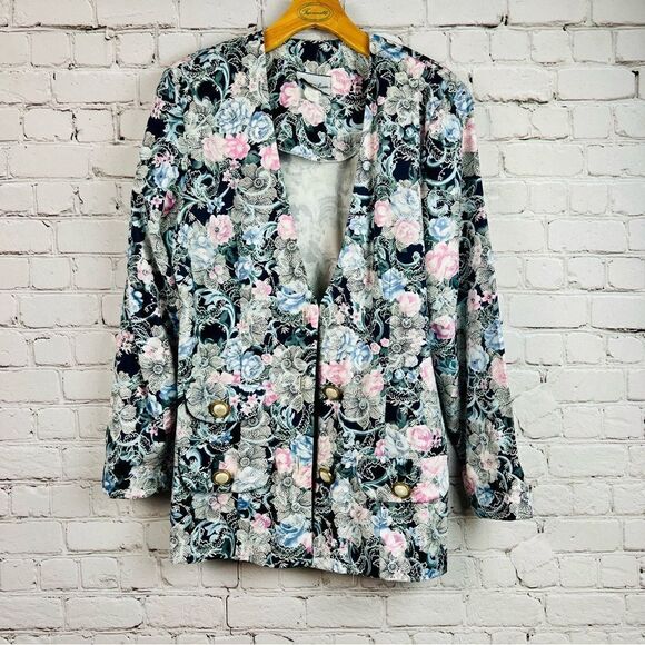 Vintage 90s Breakin’ Loose Navy Floral Tapestry Blazer - Picture 8 of 15